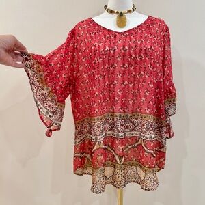 Style & Co Boho Flowy Top Flared Sleeves Pleated Front Size M/L Maximalist Vibes